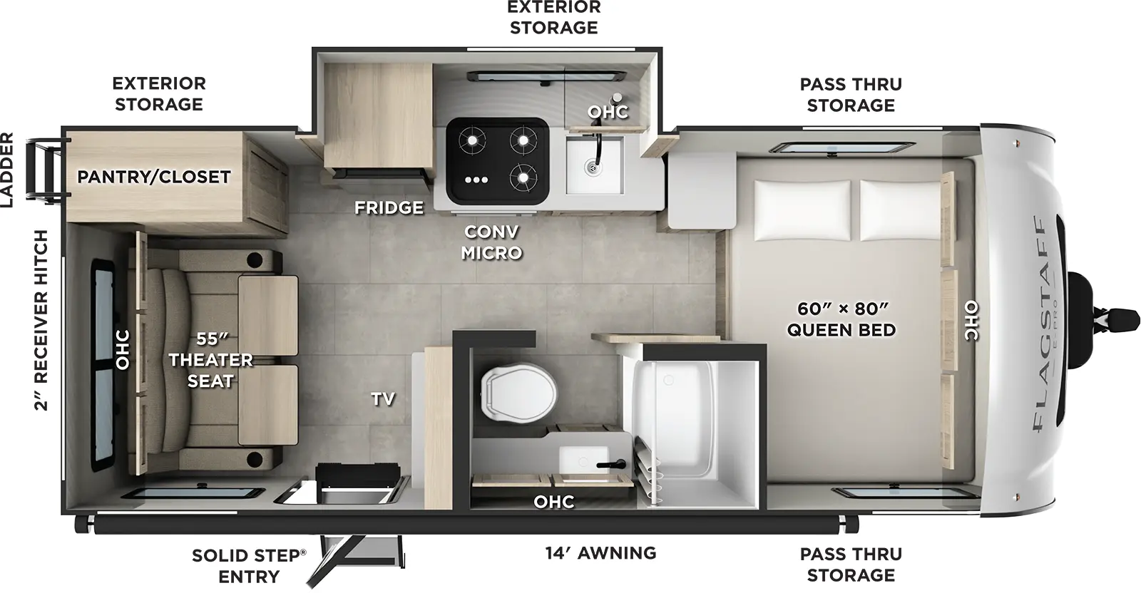 The Flagstaff E-Pro E19RL floorplan has one entry and one slide out. Exterior features include: fiberglass exterior and 14' awning. Interiors features include: front bedroom.